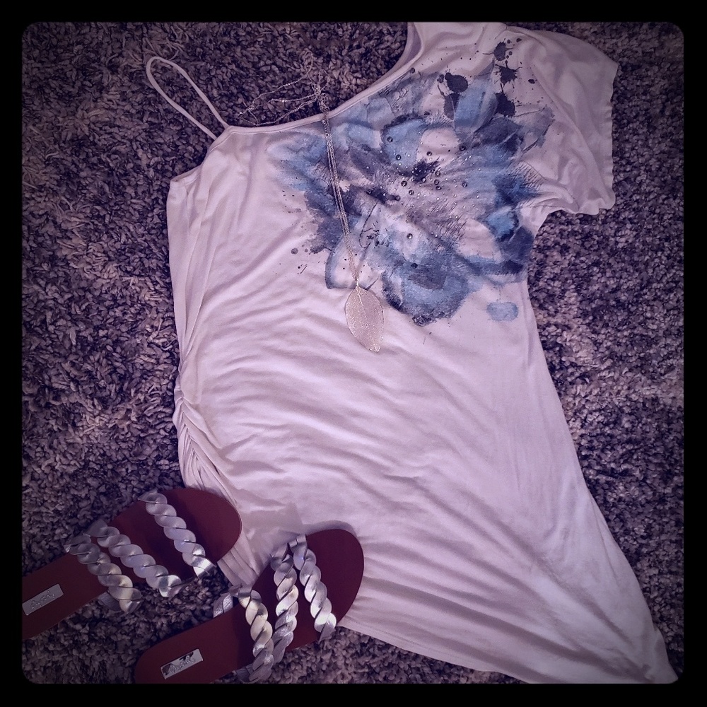 Charming Charlie White & Blue Rhinestone Shirt